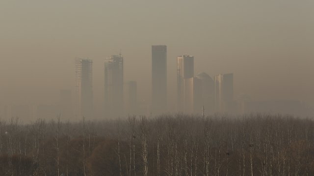 Buildings shrouded in smog