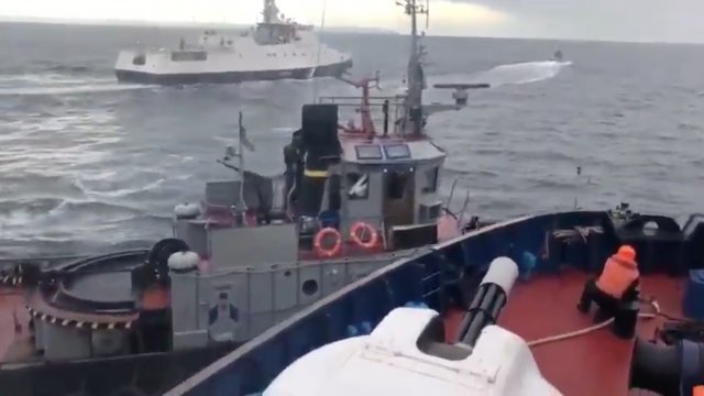 Frame from video of Russian ship ramming Ukrainian vessel