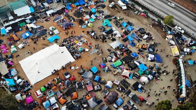 An aerial view of the temporary shelter set up for migrants in Mexico