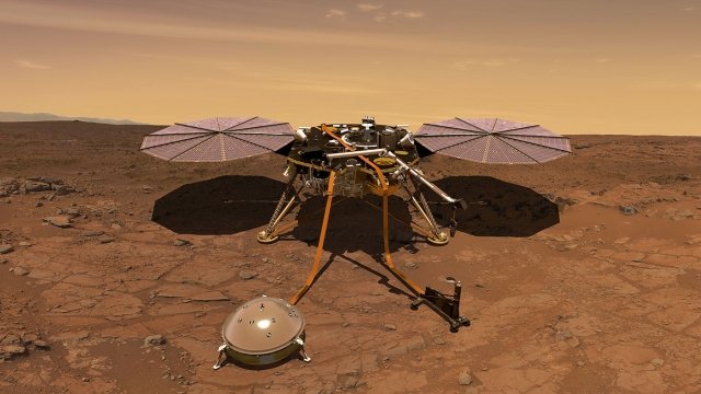 An artist's rendition of InSight sitting on the surface of Mars