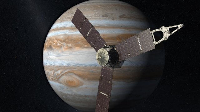 An artist rendering of Juno above Jupiter