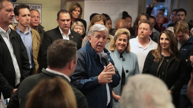 Gov. Mike Parson speaks at a campaign rally
