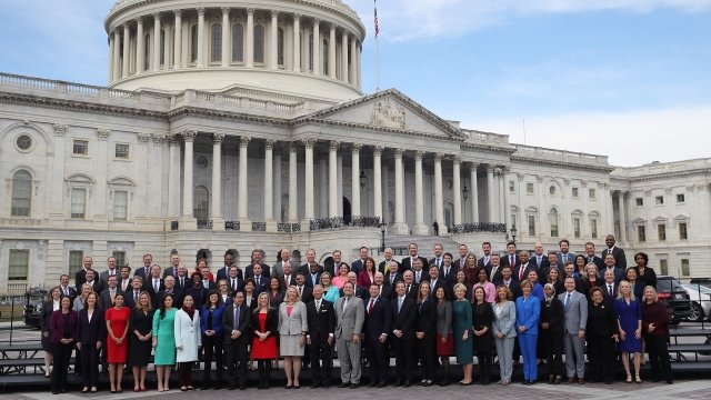 Newly elected members of Congress pose for a photo in front of the U.S. Capitol in November 2018.