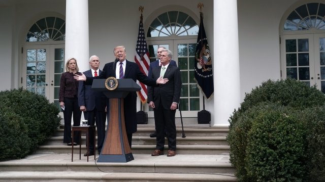 President Donald Trump with other Republican leaders in the Rose Garden.