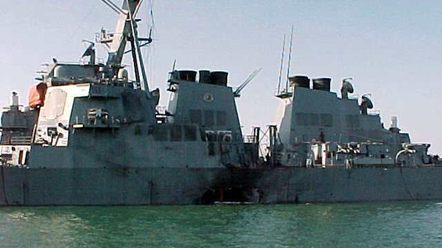 A hole in the side of the USS Cole after terrorist attack