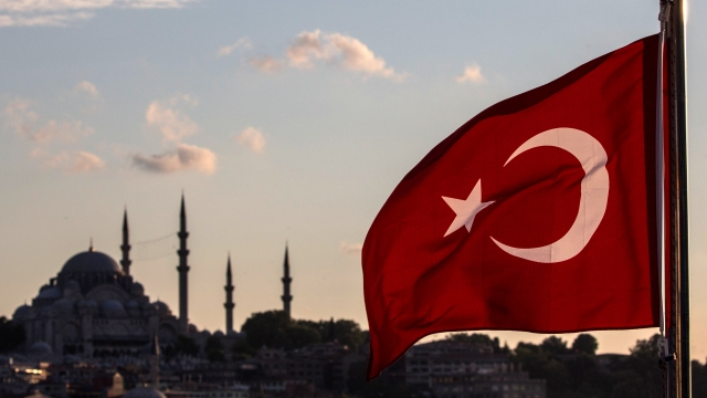 Turkish flag in front of Istanbul skyline