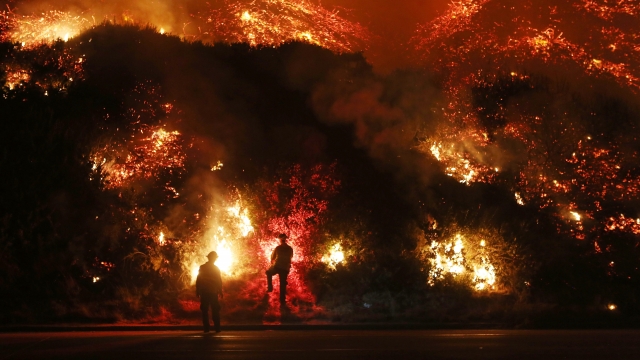 Firefighters monitor a fire along the 101 freeway north of Ventura, California