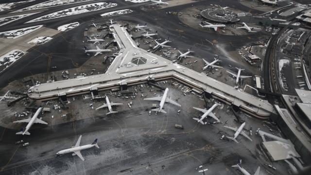 An aerial view of planes docked at Newark Liberty International Airport