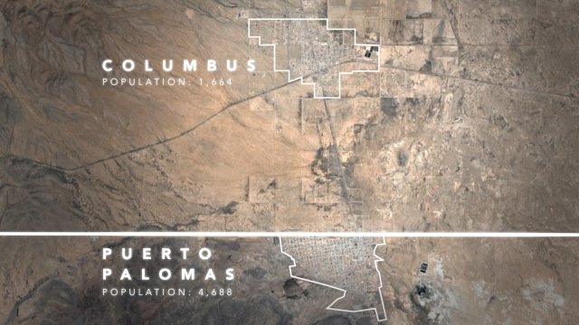 A satellite image showing the towns of Puerto Palomas and Columbus