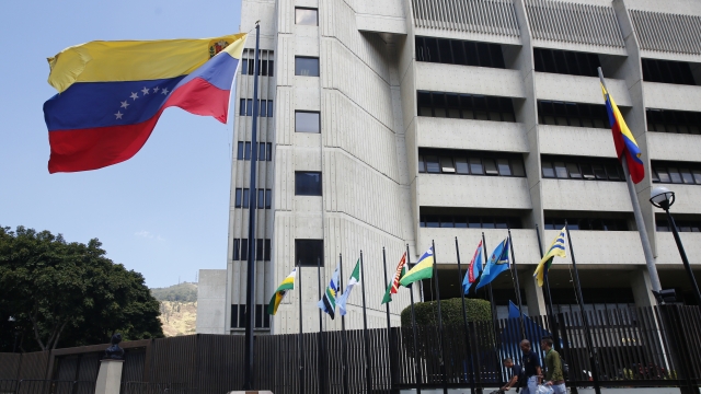 A Venezuelan flag outside a building in Caracas