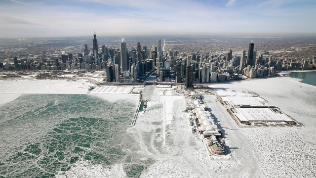 Ice builds up along the shore of Lake Michigan