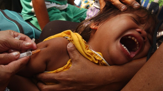 A young child cries as she is immunized with a measles shot