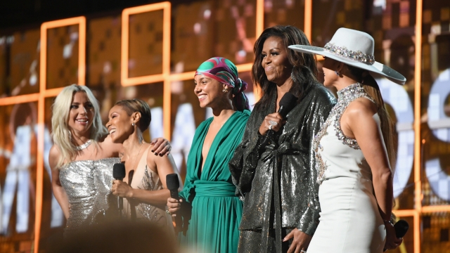 Lady Gaga, Jada Pinkett Smith, Alicia Keys, Michelle Obama and Jennifer Lopez on stage at the 2019 Grammys