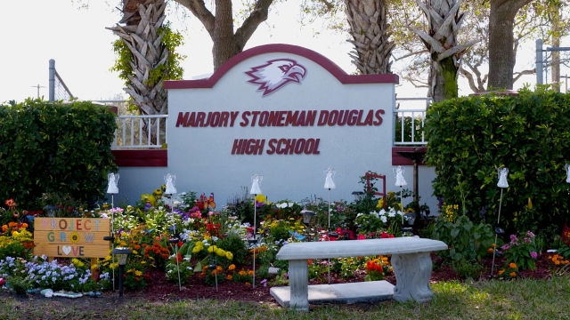 Memorial outside Marjory Stoneman Douglas High School in Parkland, Florida, a year after the attack that killed 17 students.