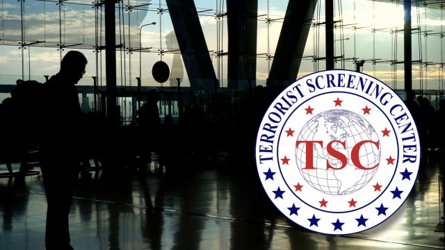 Photo of busy airport with Terrorist Screening Center logo