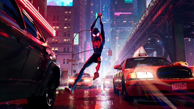 Spider-Man swings through NYC traffic.