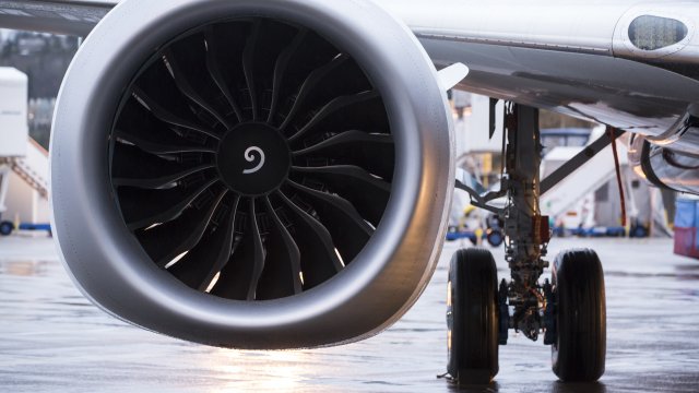 A LEAP engine is pictured on the first Boeing 737 MAX airliner is pictured at the company's manufacturing plant, on December