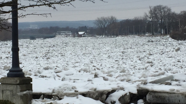An ice jam is seen on the Mohawk River in Schenectady, New york in January 2018