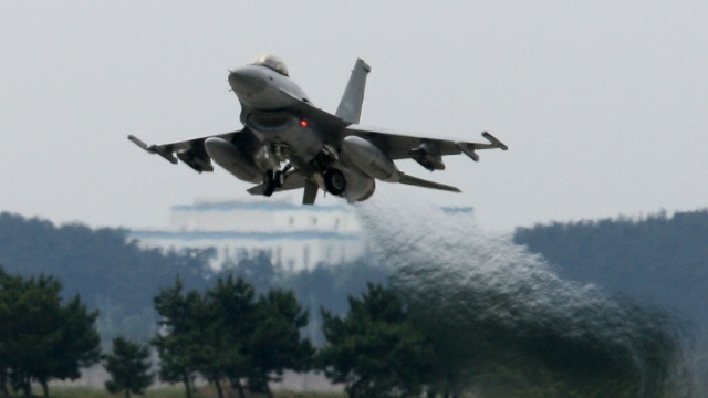 An F-16 takes off from Kunsan airbase in South Korea.