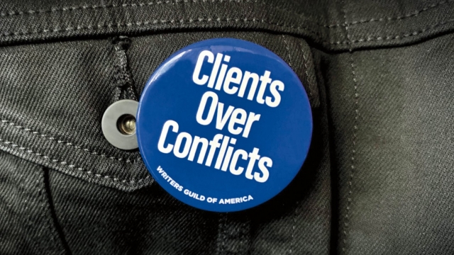 A Writer's Guild of America button says: "Clients Over Conflicts"