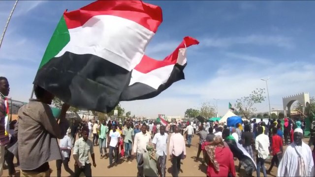 Sudanese protesters wave the flag of Sudan
