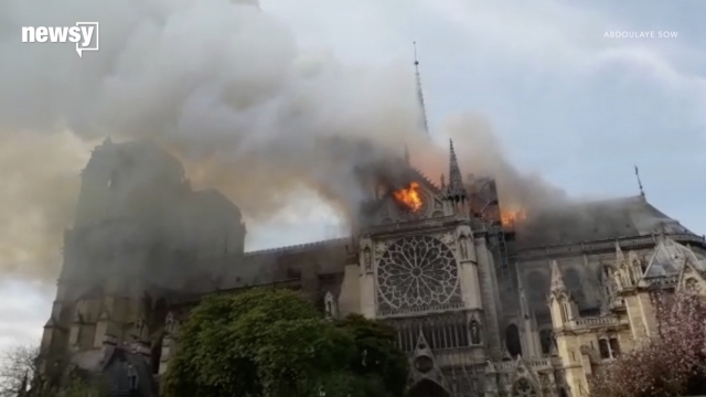 The Notre Dame Cathedral on fire on Monday, April 15, 2019.
