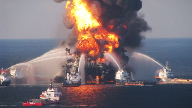Fire boats battle a fire at the Deepwater Horizon oil rig