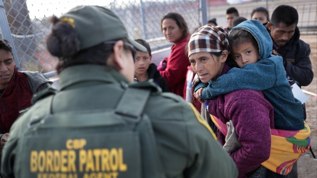 A border agent takes migrants into custody after they crossed the southern border