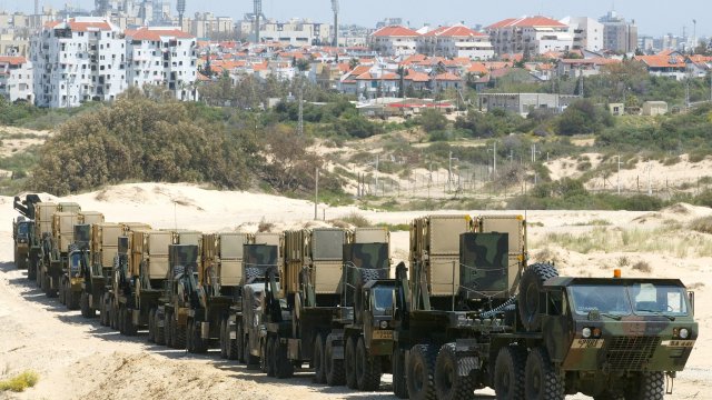 U.S. patriot missile launchers line up to depart on April 20, 2003 near Tel Aviv, Israel.