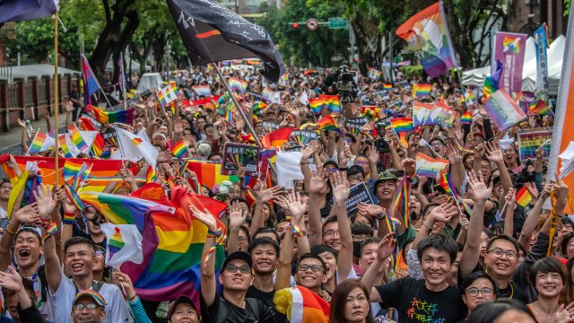 People celebrating legalization of same-sex marriage in Taiwan.