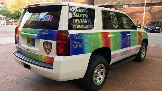 An NYPD cruiser decorated to celebrate Pride Month