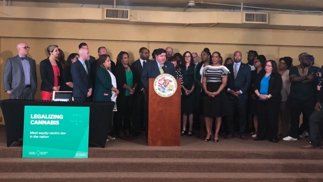 Gov. J.B. Pritzker gives a speech after signing HB1438 to legalize recreational marijuana in Illinois.