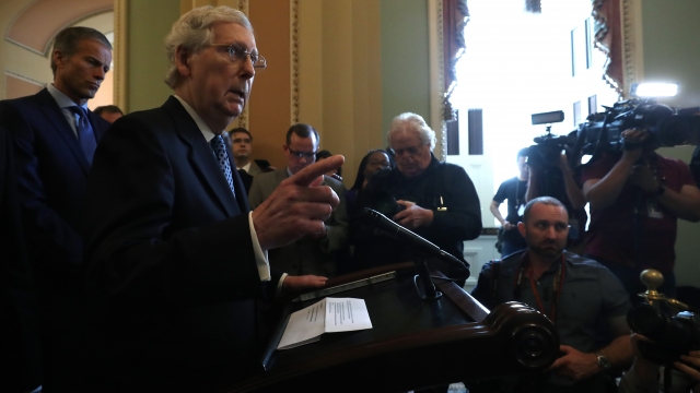 Senate Majority Leader Mitch McConnell speaks to the media