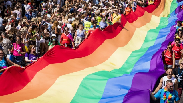 A giant rainbow Pride flag is carried along the sea front during Brighton Pride.