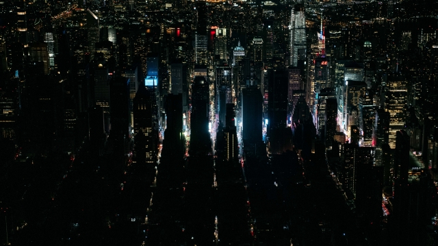A large section of Manhattan's Upper West Side and Midtown neighborhoods are seen in darkness from above