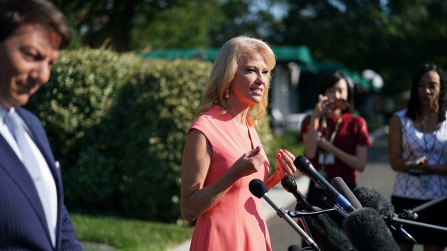 Counselor to the President Kellyanne Conway speaks with reporters outside the White House.