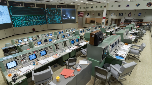 The restored Apollo Mission Control Room at the Johnson Space Center