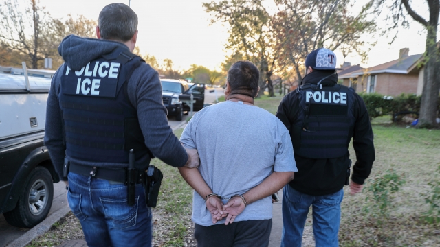A file image of ICE agents detaining criminal aliens and immigration fugitives in 2018