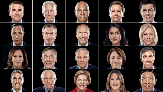 Headshots of 20 Democratic presidential candidates