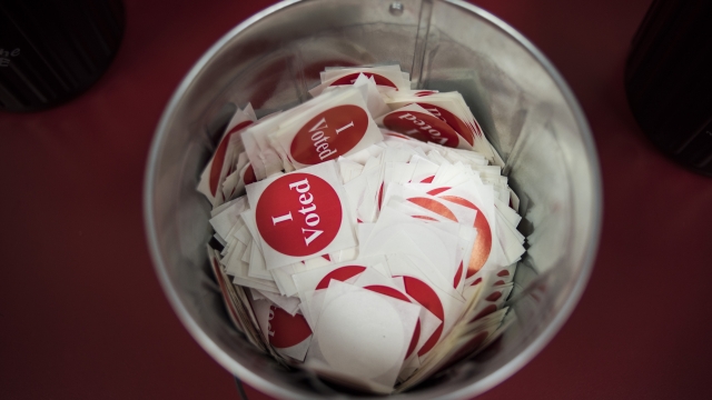 A bucket of "I Voted" stickers at a polling place in Minnesota in 2016.