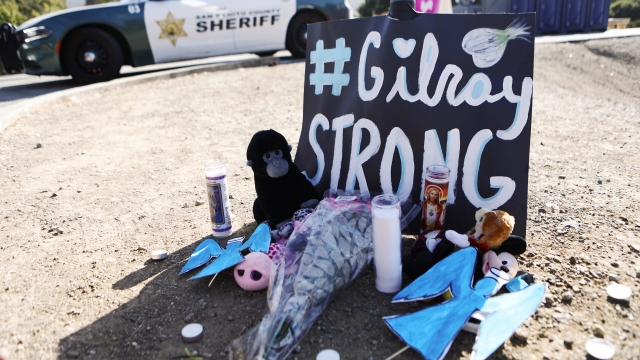 A makeshift memorial outside the site of the Gilroy Garlic Festival, after a mass shooting took place at the event