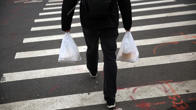 A person carrying plastic bags
