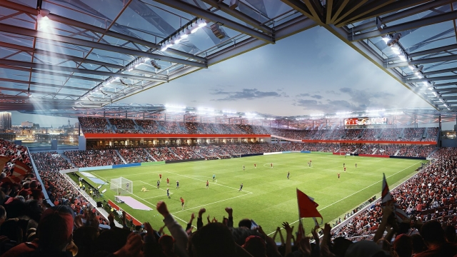 Current, but not final, rendering of new MLS stadium in downtown St. Louis.
