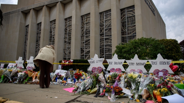 A memorial is set up outside a Pittsburgh synagogue following a mass shooting in October 2018