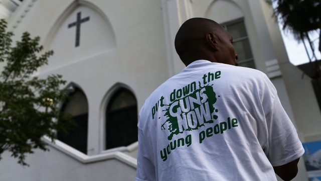 Man wearing gun control T-shirt at Charleston church