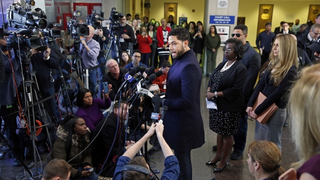 Actor Jussie Smollett speaks with members of the media after his court appearance on March 26, 2019 in Chicago, Illinois.