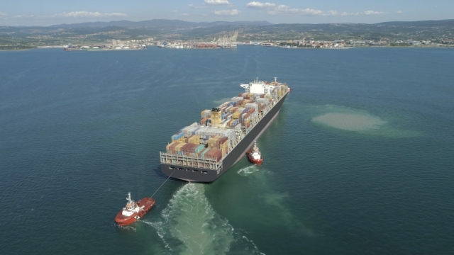 Aerial view of large container ship