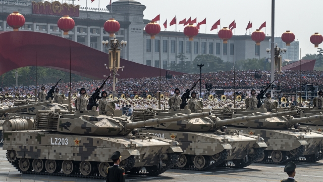 Chinese soldiers in a parade to celebrate the 70th Anniversary of the founding of the People's Republic of China