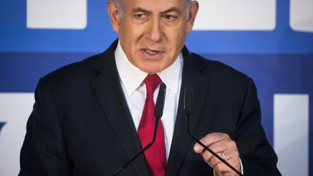 Israeli Prime Minister Benjamin Netanyahu gives a statement to reporters in Israel