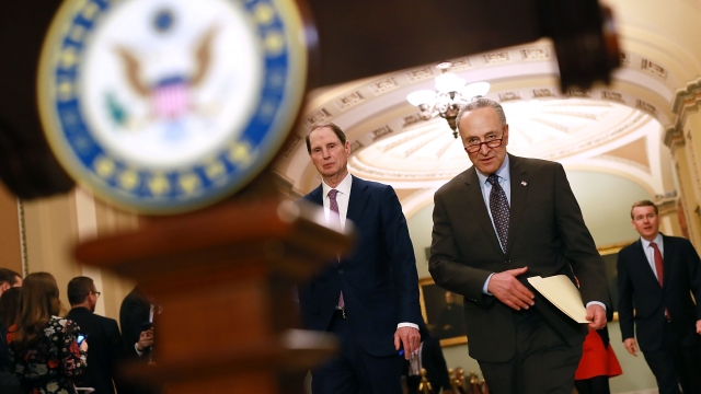 Sen. Ron Wyden (D-OR), Senate Minority Leader Charles Schumer (D-NY) at the U.S. Capitol April 17, 2018 in Washington, DC.